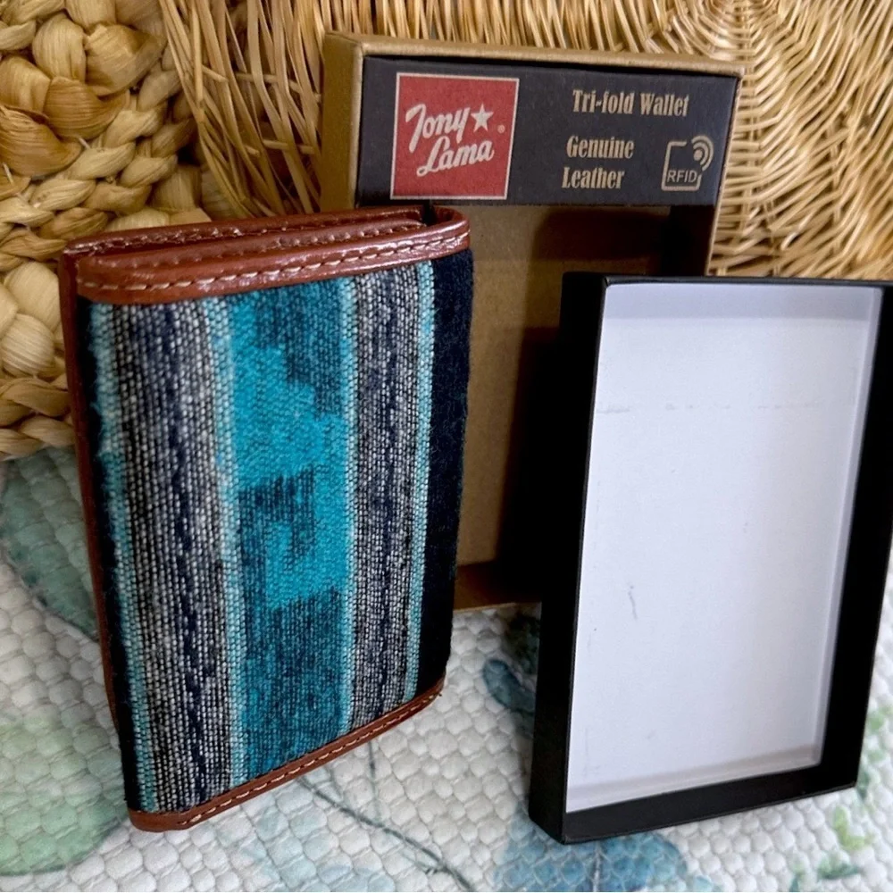 New Tony Lama Tri-Fold Wallet RFID Blue Aztec Canvas Leather Cowboy Western
